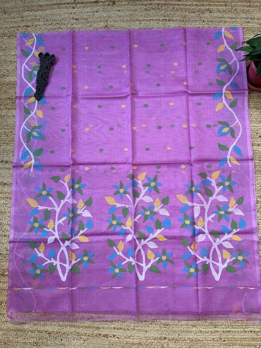 Light purple jamdani handwoven pure muslin silk sari
