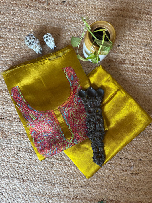 Mustard yellow mashru silk hand embroidery kashmiri handembroidery sozni work cord set cs-13