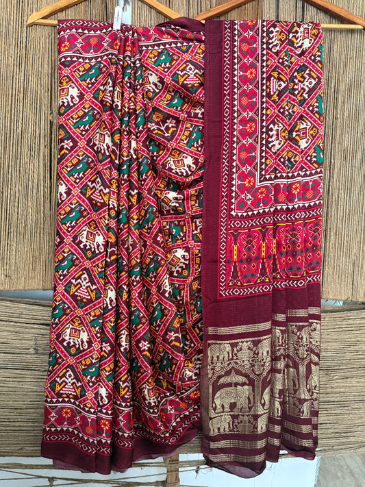 Maroon modal silk patola sari with zari border pms- 1020