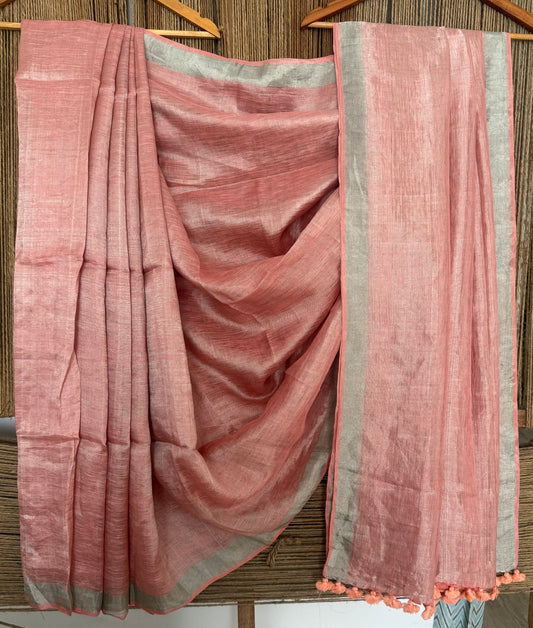 Dusty Rose Pink metallic linen sari with woven  border and tassels