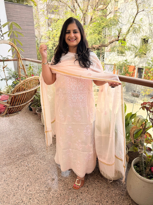 Melon peach pink premium mull chanderi lucknowi chickenkari with moti work hand embroidery three piece suit
