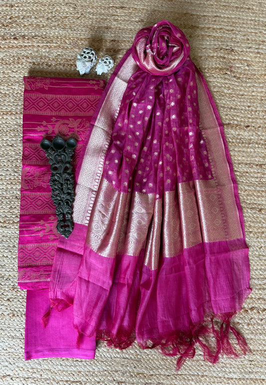 Fushica pink chinia silk certified handloom banarsi booti three piece suit