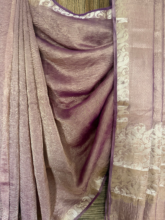 Pastel purple banarasi zari crushed tissue sari