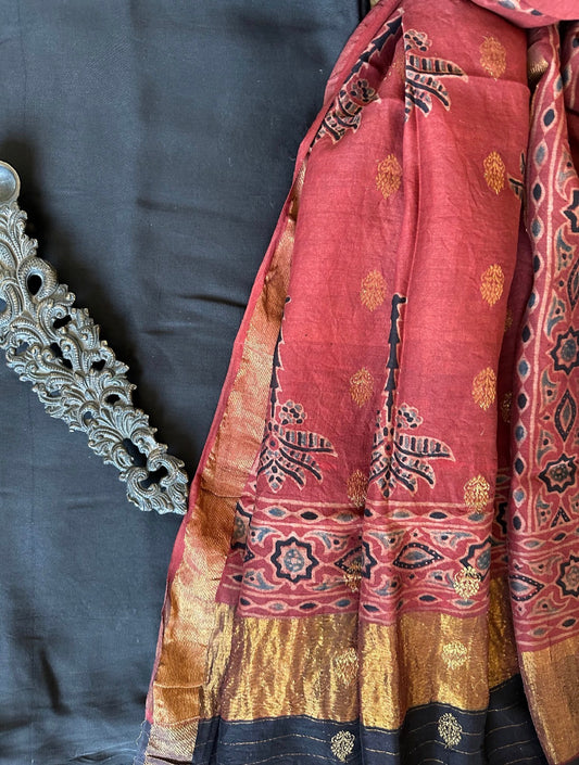 Black  modal silk kurta with chanderi coin butti handcrafted chanderi silk dupatta with zari border