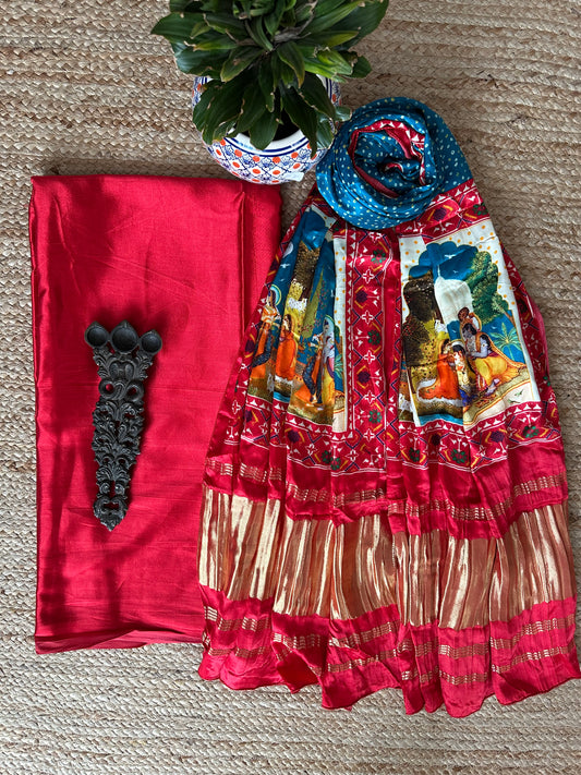Red mashru  silk kurta with patola handcrafted modal silk dupatta ps-105