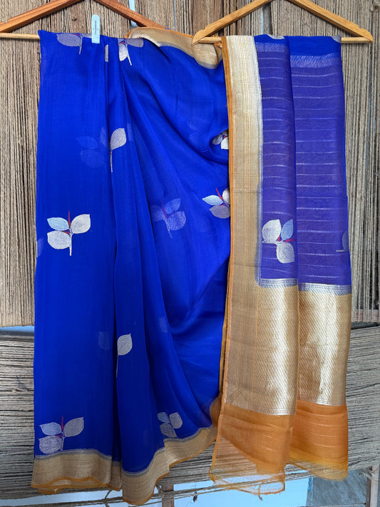 Royal blue kora silk certified handloom banarsi kadwa booti sari