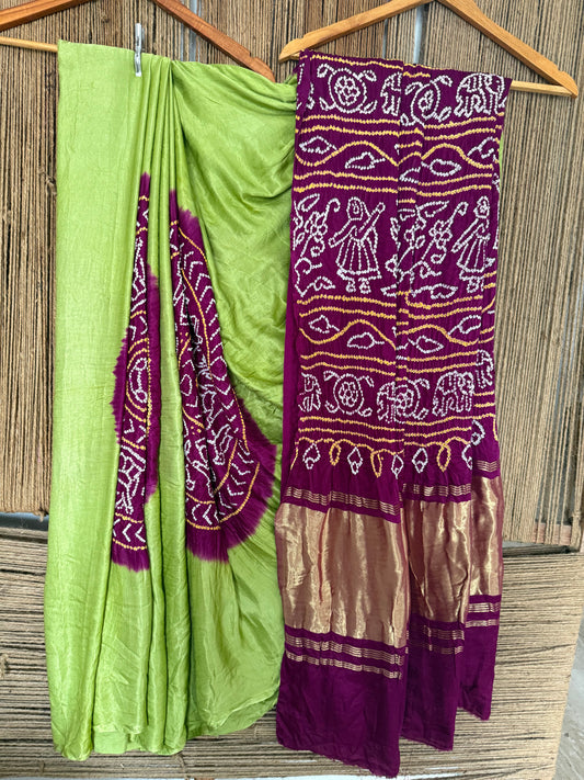 Olive green &  magenta purple gajji silk rai bandhani chakra theme gajji sari