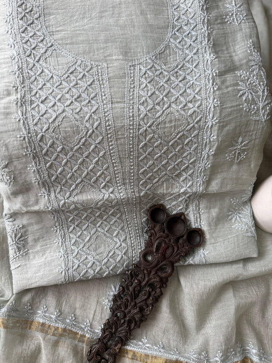 Clay premium  mull chanderi lucknowi chickenkari hand embroidery three piece suit