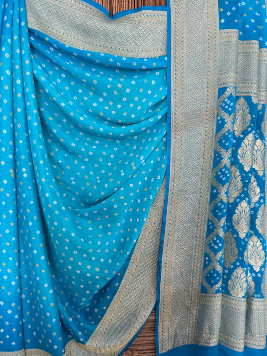 Blue handwoven neem zari bareek bandhani saree with khaddi georgette