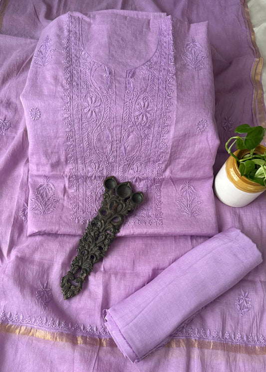 Lavender pink premium  chanderi cotton lucknowi chickenkari hand embroidery three piece suit
