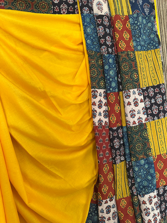 Gamboge yellow patch work  ajrakh hand crafted mull saree