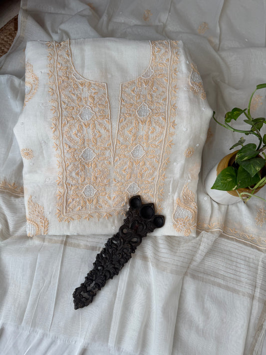 White & peach embroidery premium mull chanderi lucknowi chickenkari with moti work hand embroidery three piece suit