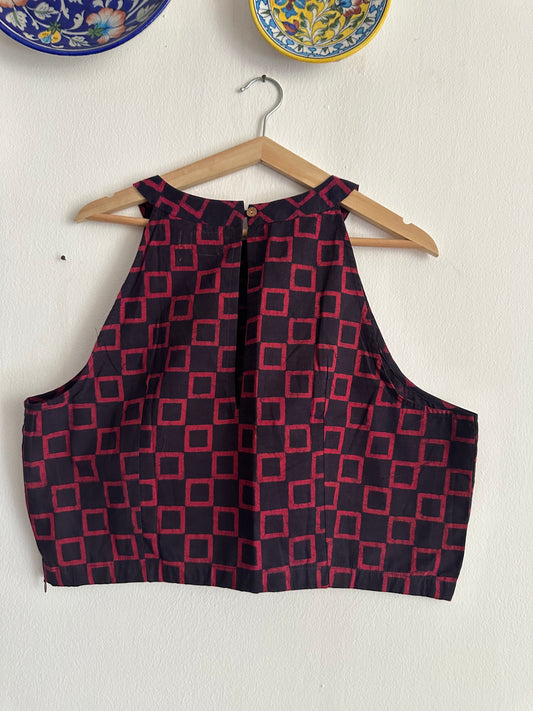 Maroon black halter neck  blouse zari  with wooden eyelet button