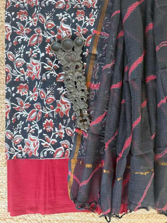 BLACK & MAROON COTTON HANDBLOCK SUIT SET