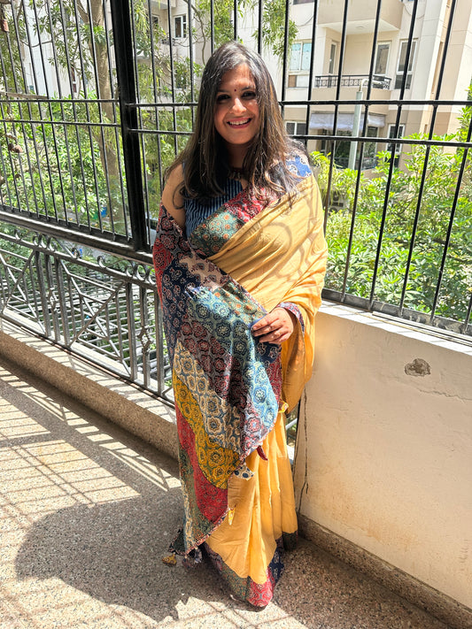 Tan brown patch work  ajrakh hand crafted mull saree