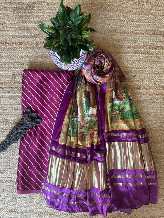 Purple mashru  silk kurta with patola handcrafted modal silk dupatta ps- 1051