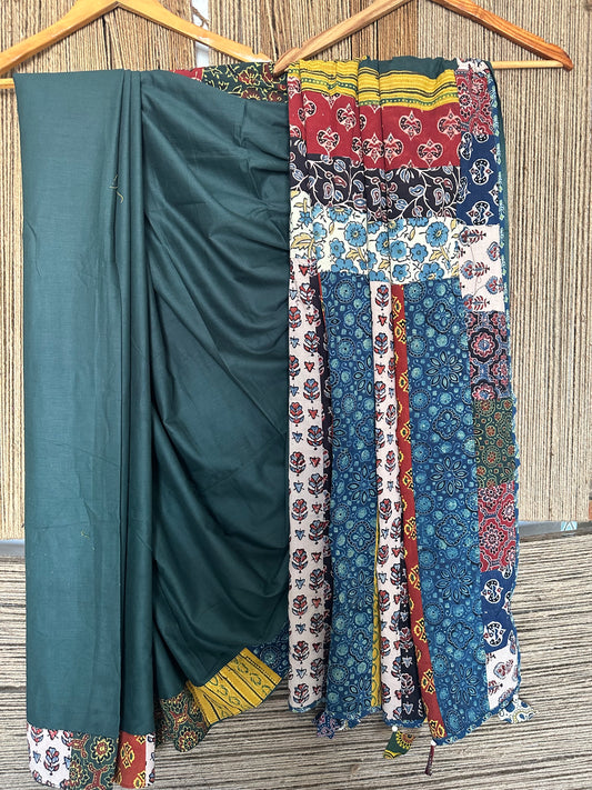 Dark green patch work  ajrakh hand crafted mull saree