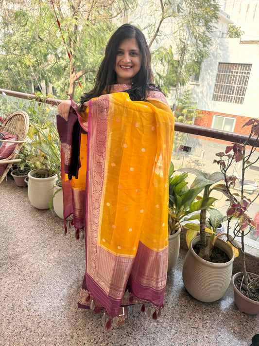 Maroon raw silk certified handloom banarsi meenakari kadwa booti with woven zari three piece suit