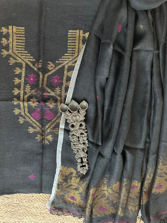 Black woven linen  kurta set ljs- 1031