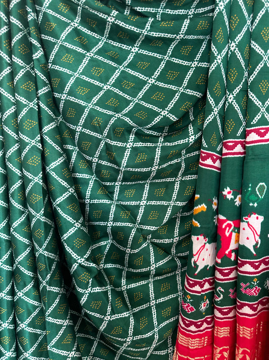 Green pichwai  modal silk patola print sari with zari border pms- 1045