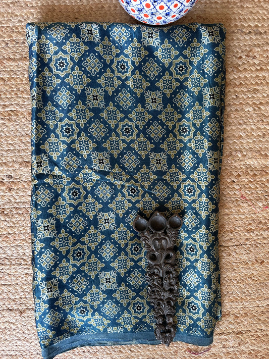 Indigo blue mashru ajrakh handcrafted silk fabric