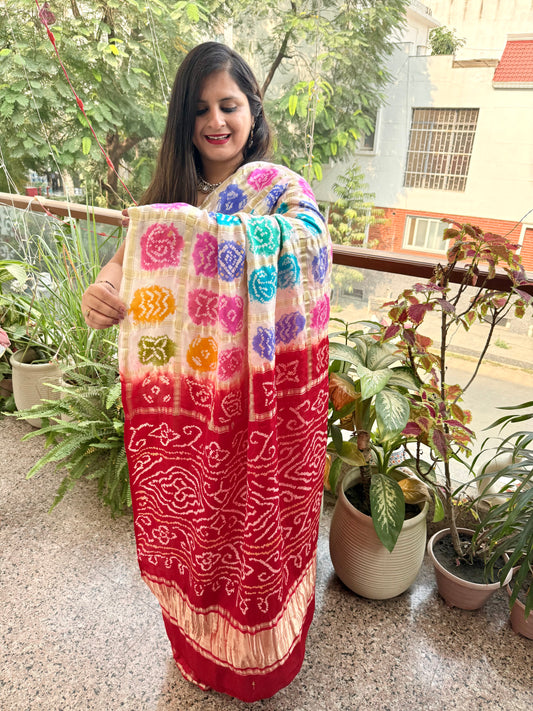 Red multi colour gajji silk gharchola rai bandhani gajji sari