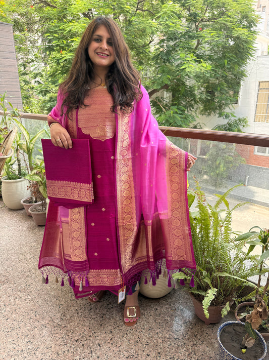 Magenta purple raw silk certified handloom banarsi kadwa butti with woven zari three piece suit