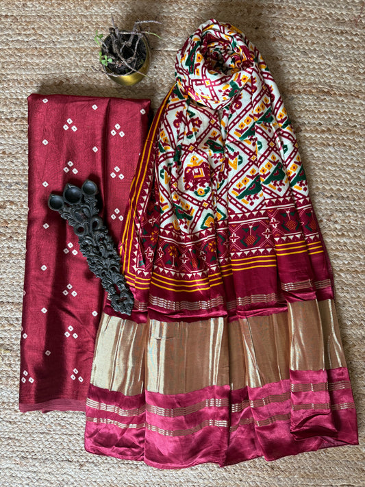 Maroon three dot mashru silk kurta with  patola pichwai handcrafted modalsilk dupatta