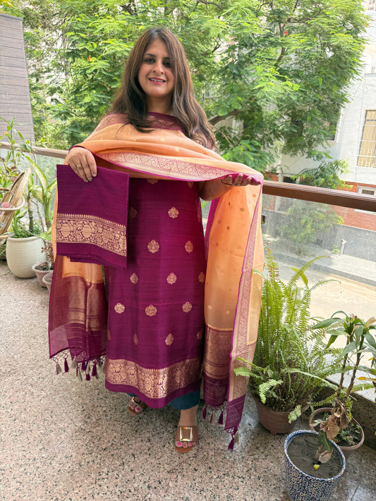 Purple raw silk certified handloom banarsi meenakari kadwa booti with woven zari three piece suit