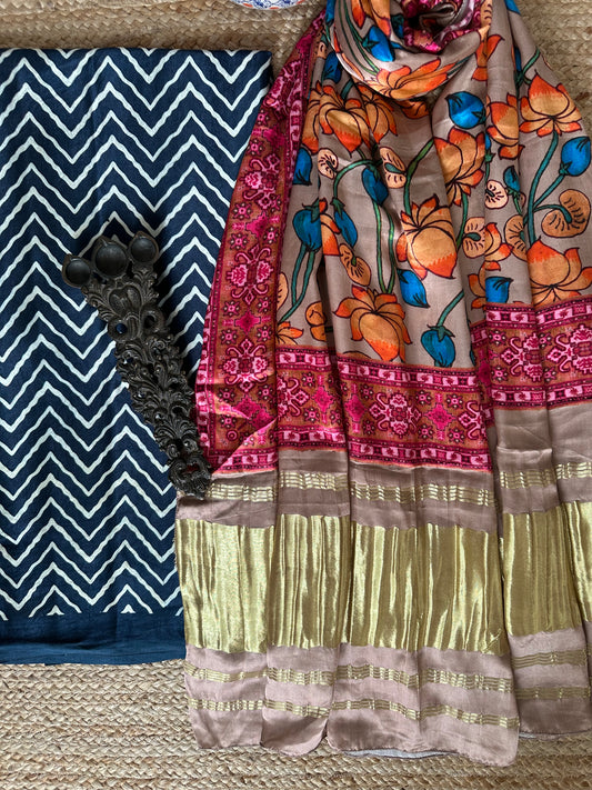 Blue zigzag mashru silk kurta with patola handcrafted modal silk dupatta ps-11