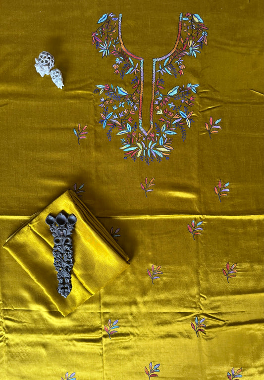 Mustard mashru silk hand embroidery kashmiri handembroidery sozni work cord set cs- 22