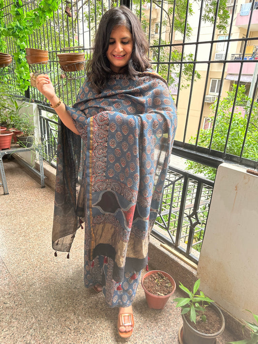 Indigo ajrakh contemporary chanderi silk handblock suit set