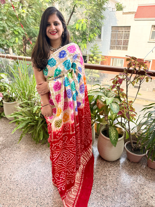 Red multi colour gajji silk gharchola rai bandhani gajji sari