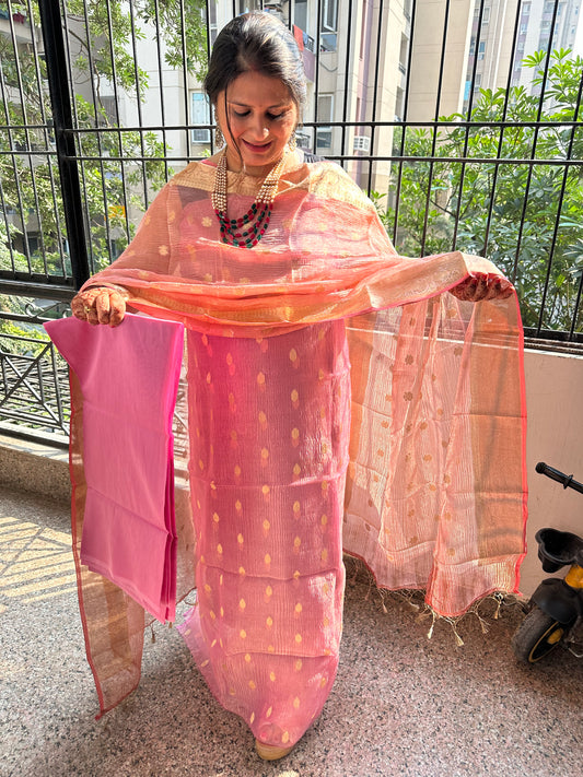 Rose pink banarasi zari crushed tissue silk three piece  set suit