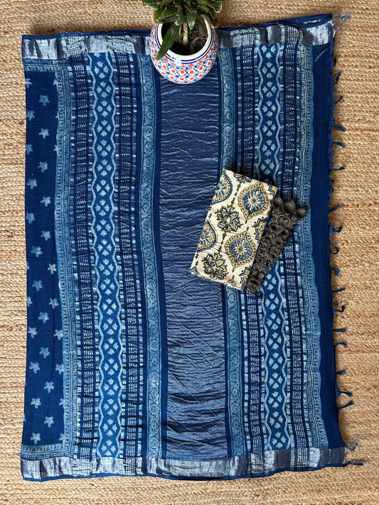 Indigo akola linen zari woven handblock sari