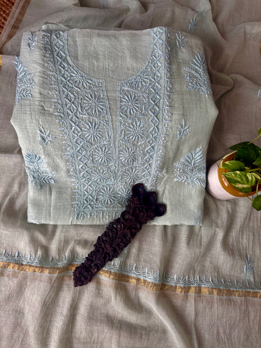 Light blue premium  mull chanderi lucknowi chickenkari hand embroidery three piece suit