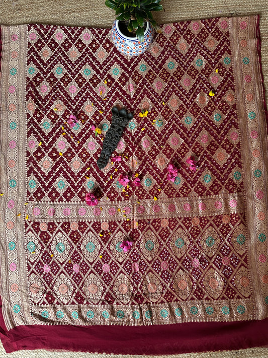 Maroon handwoven neem zari bareek bandhani saree with khaddi georgette with meenakari work bs- 57