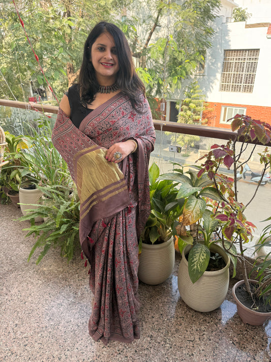 Chikoo brown ajrakh modal silk sari with zari pallu