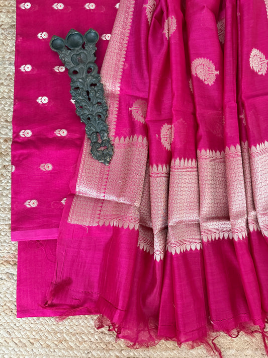 Pink chanderi handloom  banarsi booti three piece suit