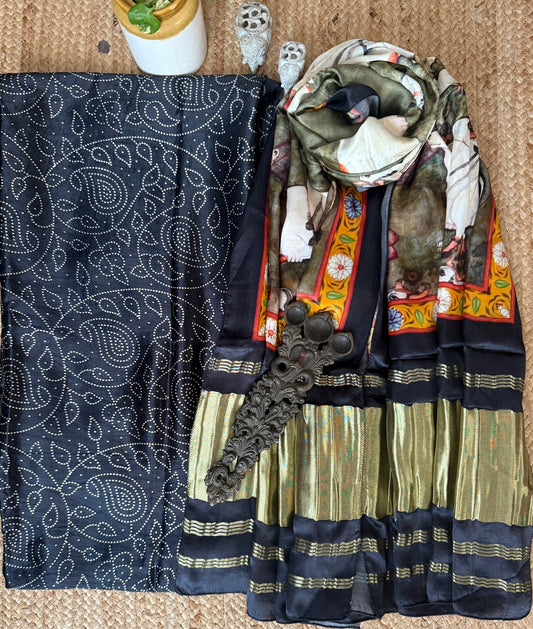 Black jaal mashru silk kurta with  patola pichwai handcrafted modalsilk dupatta
