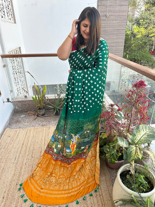 Bottle green modal silk bandhani  sari with pichwai print