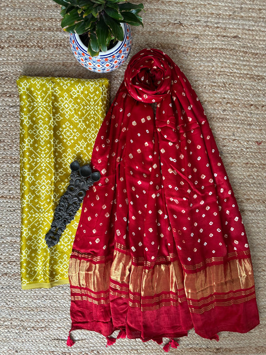 Mustard patola mashru silk kurta with bandhani handcrafted  modal silk dupattas ps- 10182