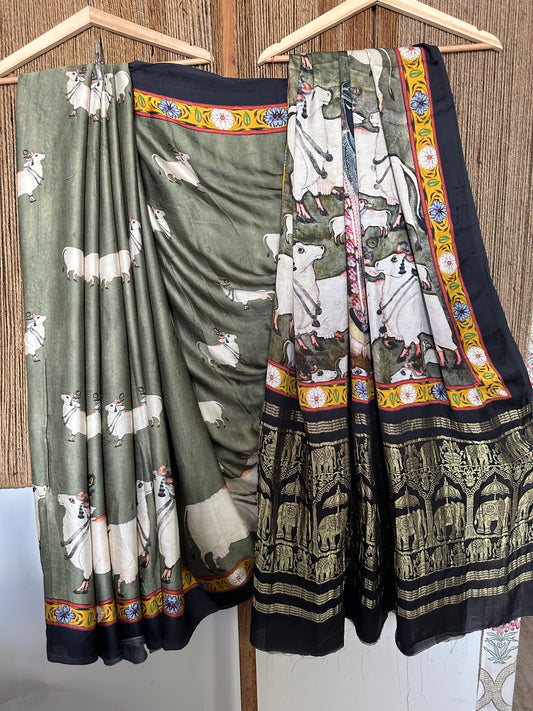 Mehendi green black  modal silk pichwai sari with zari border pms-10139