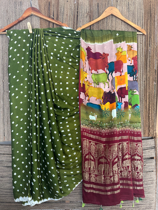 Mehendi green modal silk bandhani  sari with pichwai print bps 29