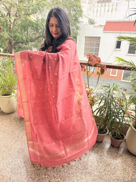 Pastel maroon chanderi handloom  banarsi booti three piece suit  cbs-303