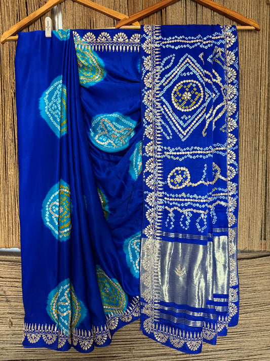 Royal blue chakra theme rai bandhani gajji silk sari with handembroidery gotta patti