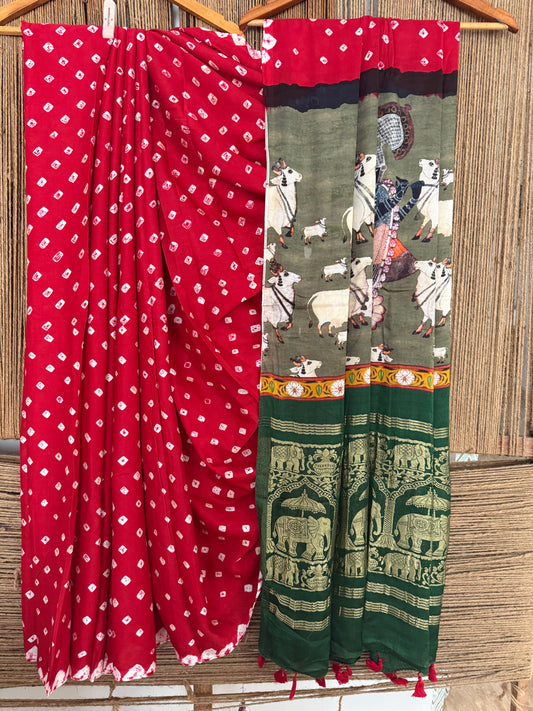 Red & green modal silk bandhani  sari with pichwai print bps 45