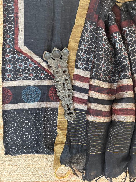 Neel shyam ajrakh linen silk handblock suit set