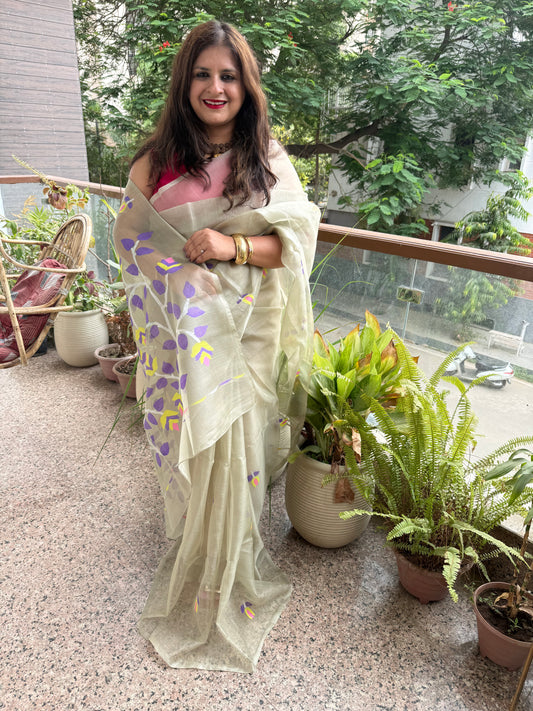 Grey jamdani handwoven pure muslin silk sari