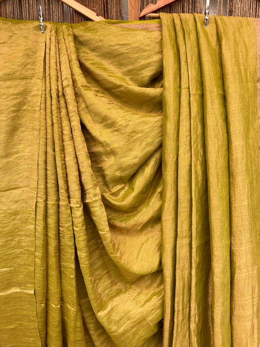 008 mehendi green  copper metallic linen sari with woven  border